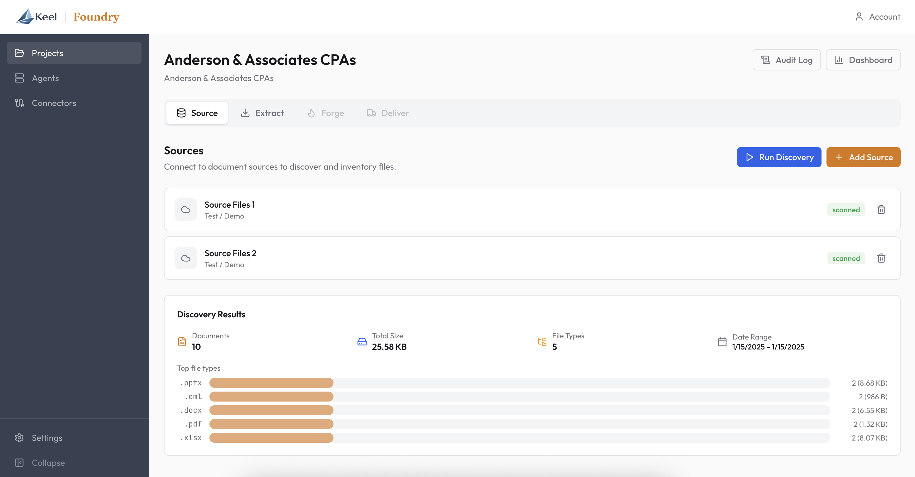 Foundry application showing document source connectors