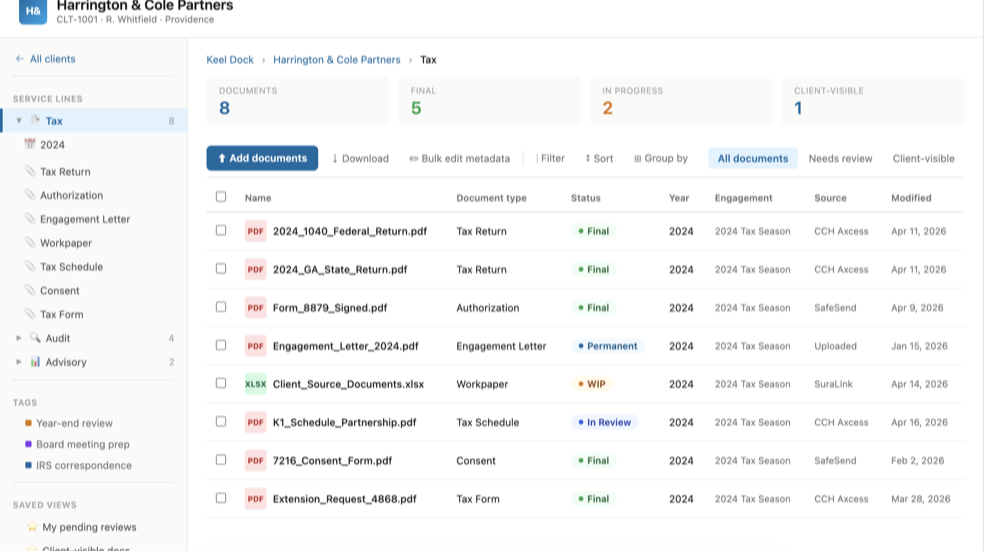 Keel Dock in SharePoint showing a client's tax documents classified by type, status, year, and source system.
