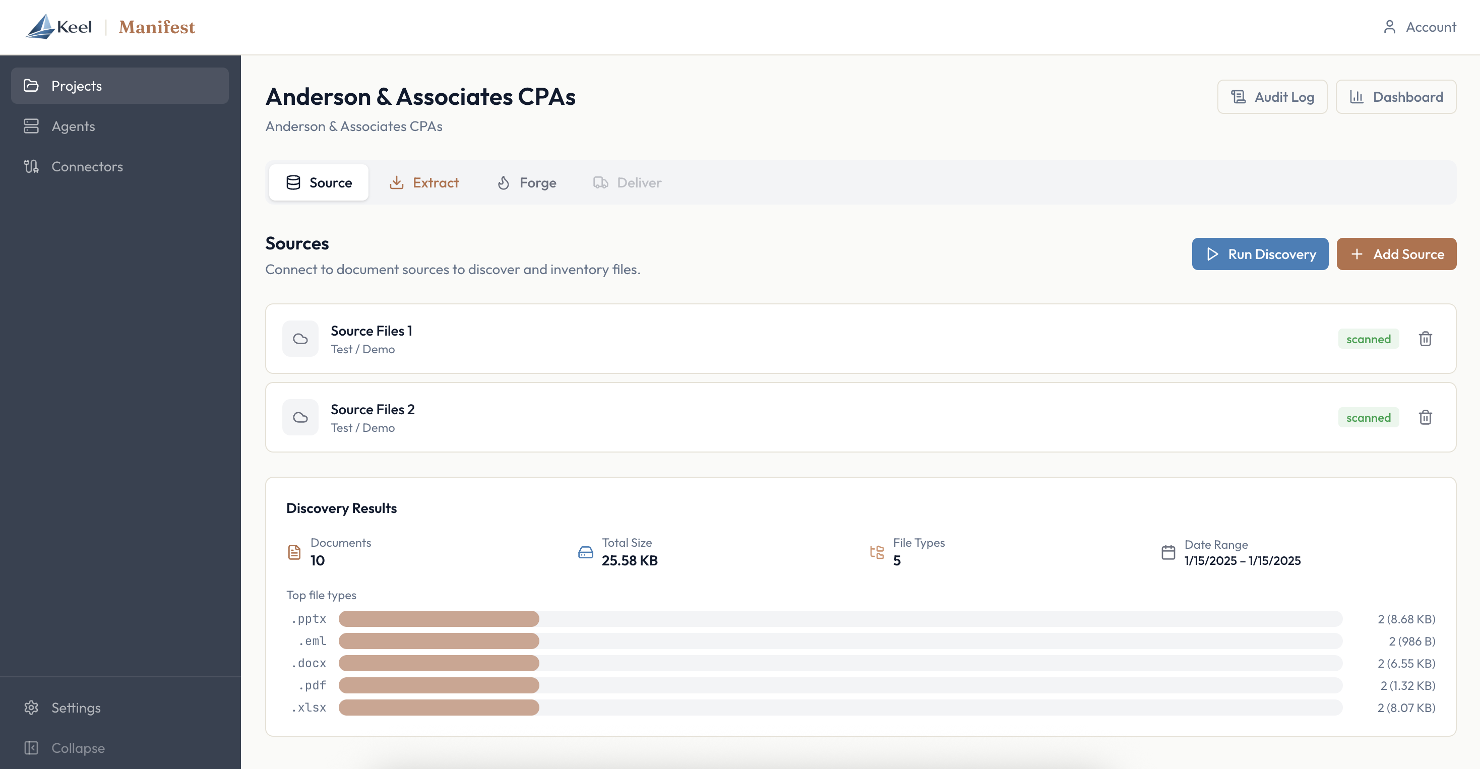 Manifest application showing document source connectors including File System, SharePoint, Azure Blob Storage, Dropbox, and more